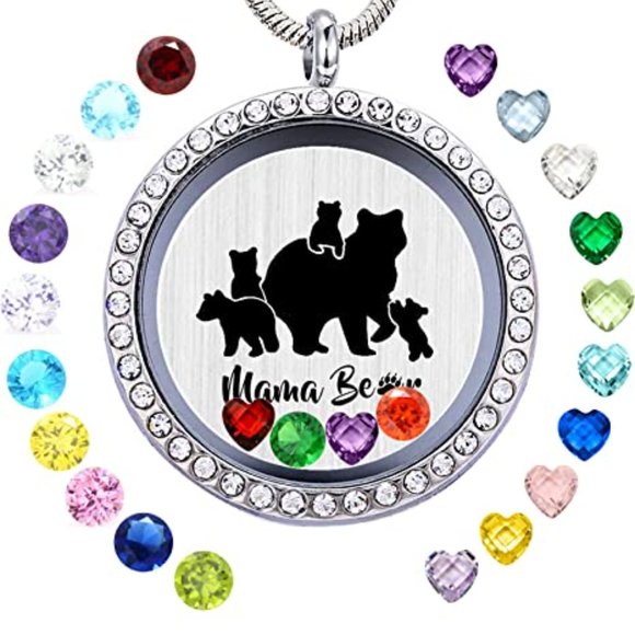 Sweet Mama Bear Locket Necklace with Birthstones & Charms - Picture 2 of 3